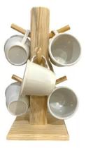 Kit Jogo 6 Xícara Café Suporte Madeira Mesa Cozinha Balcão - Brancas - eireli