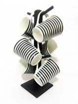 Kit Jogo 6 Xicara Grande 240ml listra preta + Suporte Mdf Enfeite Cozinha