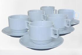 Kit Jogo 6 xícaras Café Chá com pires - 200ml Empilháveis - Porcelana branca - Antilope Decor Porcelanas