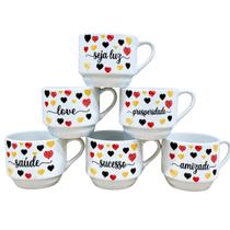Kit Jogo 6 Xícaras Caneca de Porcelana 200ml Frases Estampa:Corações Frases 2 Kit Jogo 6 Xícaras Caneca de Porcelana 200ml Frases Estampa:Corações Frases 2
