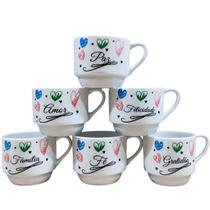 Kit Jogo 6 Xícaras Caneca de Porcelana 200ml Frases Estampa:Corações Frases 3 Kit Jogo 6 Xícaras Caneca de Porcelana 200ml Frases Estampa:Corações Frases 3