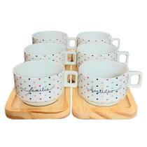 Kit Jogo 6 Xícaras de Café e Chá com Pires Empilháveis de Porcelana - 200ml