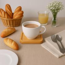 Kit Jogo 6 Xícaras em Porcelana Café Com Pires Quadrado em Madeira Pinus