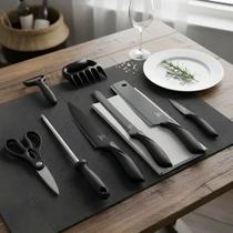 Kit Jogo 8 Peça Faca Chaira Cozinha Cheff Aço Inox Churrasco Cutelo Preto Premium Kit Jogo 8 Peça Faca Chaira Cozinha Cheff Aço Inox Churrasco Cutelo Preto Premium