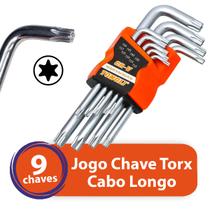 Kit Jogo 9 Chaves Torx Torque Estrela Estriada Tipo L Longa 9 Peças Aço Cromo Forjado Suporte T10 T15 T20 T25 T27 T30 T40 T45 T50 - Total Shop Mix