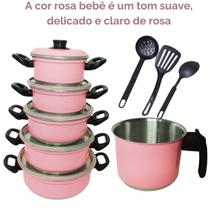 Kit Jogo 9 Peças Com 5 Panelas + Leiteira/caneca Rosa Bebê