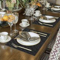 Kit Jogo Americano 6 Peças acompanha Porta Copos Crok Preto Sousplat Decoração Mesa Posta Chique Kit Jogo Americano 6 Peças acompanha Porta Copos Crok Preto Sousplat Decoração Mesa Posta Chique