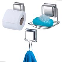 Kit Jogo Banheiro Lavabo Saboneteira Gancho Toalheiro Porta Papel Higiênico Ventosa Cromado Arthi Kit Jogo Banheiro Lavabo Saboneteira Gancho Toalheiro Porta Papel Higiênico Ventosa Cromado Arthi