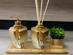 Kit Jogo Banheiro Porta Sabonete Gold Dourado Aroma Vasinho