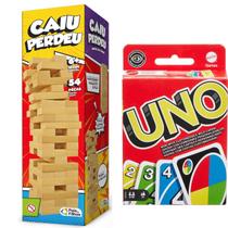 Kit Jogo Caiu Perdeu Torre de Madeira + Jogo de Cartas UNO Clássico
