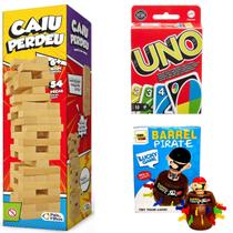 Kit Jogo Caiu Perdeu Torre de Madeira + UNO Clássico + Jogo de Mesa Barril Pirata