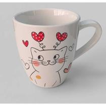 Kit Jogo Caneca Landy 240ml + Prato Sobremesa Lanche em Porcelana Linha Kids Gatinho Branco Decoração:Gato olho aberto