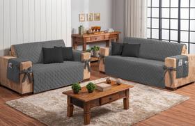 kit jogo capa de sofá cinza com laço 2 e 3 lugares + 4 capas de almofada preto