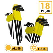 Kit Jogo Chave Torx L Longa E Allen Torque Bola 18 Peças Furo Guia Profissional