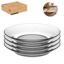 Kit Jogo Conjunto 4 Pratos Fundos de Vidro Milly 22cm Transparente para Sopas Massas Caldos Saladas