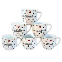 Kit Jogo Conjunto 6 Xícaras de Café e Chá 170ml - Porcelana Branca com Decoração