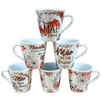 Kit Jogo Conjunto Caneca Tulipa 140ml Mãe 6 pçs - Porcelana Estampa:Mãe rosa c/ pires