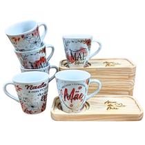 Kit Jogo Conjunto Caneca Tulipa 140ml Mãe 6 pçs - Porcelana Estampa:Mãe rosa c/ pires