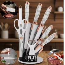 Kit Jogo Conjunto de Facas Premium 9 Peças Aço Inox Afiadas Cabo Marmorizado Suporte Acrílico Giratório Chef Cozinha Profissional