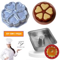 Kit Jogo Conjunto de Forma Decorada 5 Corações e Pudim Quadrado Alumínio Premium Garcia Atacadista