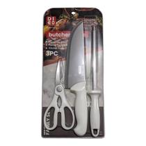 Kit Jogo Conjunto Faca Aço Inox 8" + Tesoura Trinchante + Chaira AKT3-24 Akita