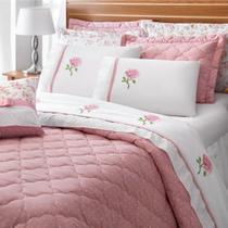 Kit Jogo D Cama Athena 7 Peças Queen Rosa Floral 180 Fios Cobre Leito Macio Luxo