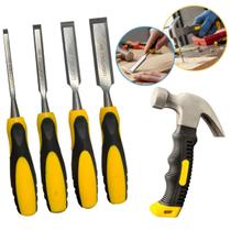 Kit Jogo de 4 Formão Para Entalhar Esculpir E Plaina Madeira Mini Martelo Profissional