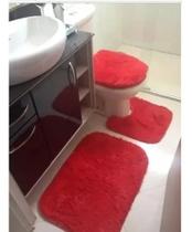 Kit Jogo De Banheiro 3 Peças Peludo Felpudo Shaggy Luxo vermelho