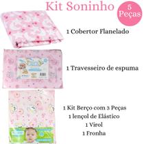 Kit jogo de berço + cobertor flanelado + travesseiro menina