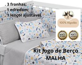 Kit Jogo de Berço Completo Malha 100% Algodão - 1 Edredom 3 Fronhas e 1 Lençol com Elástico