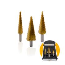 Kit Jogo de Brocas Escalonadas 4-12 Mm 6-30 Mm 4-20 Mm Em Aço Rápido Revestida de Titânio Com Haste Triangular Para Chapa de Metal Ctpohr Kit Jogo de Brocas Escalonadas 4-12 Mm 6-30 Mm 4-20 Mm Em Aço Rápido Revestida de Titânio Com Haste Triangular Para Chapa de Metal Ctpohr