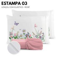 Kit Jogo de Cama Lençol Micropercal 400 FIOS Compose Fronha Estampa Floral Ponto Palito