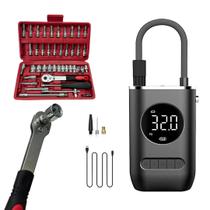 Kit Jogo de Catraca Soquete 46 Peças Mini Compressor de Ar Portátil Kit Ferramentas Automotivo e Residencial