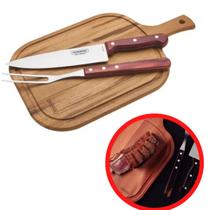 Kit Jogo de Churrasco Churrasqueira Tábua Madeira 3 Peças Faca Garfo Aço Inox Tramontina