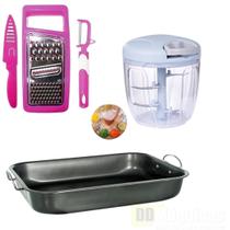 kit jogo de cozinha 3pcs ralador+fatiador+faca +mini processador de alimentos+assadeira retangular