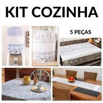 Kit Jogo de Cozinha Renda Capa de Fogão, Galão de Água, Botijão e Toalha Chá e Trilho de Mesa - 5 Peças Desenho Tulipa Branca