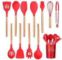 Kit Jogo De Cozinha Silicone 12 Peças Utensílios Deluxe Cabo De Madeira Top