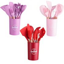 Kit Jogo de Cozinha Silicone, Utensílios e Copo Suporte para Cozinheiro Cabo de Madeira MasterChef COR:12-Peça-Rosa/Verm
