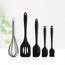 Kit Jogo de Cozinha Silicone, Utensílios e Copo Suporte para Cozinheiro Cabo de Madeira MasterChef COR:5-Peça-Preto-Sem-