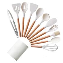 Kit Jogo de Cozinha Silicone, Utensílios e Copo Suporte para Cozinheiro Cabo de Madeira MasterChef