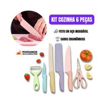 Kit Jogo de Faca 6 Peças Coloridas Cozinha Aço Inoxidável Profissional Gourmet Descascador Tesoura