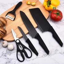 Kit Jogo De Faca Com 5 Peças Inox De Cozinha Com Descascador e Tesoura Preto MS815