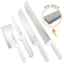 Kit Jogo de Facas 5 Pçs Mundial Desossa Cutelo Inox + Pedra de Afiar Para Açougue e Restaurante