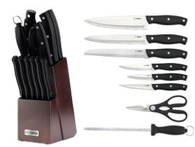 Kit Jogo De Facas Aço Inox Cozinha Cepo De Madeira 14 Peças Neuhaus