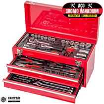 Kit Jogo de Ferramentas Kajima Profissional JFP90M de 90 Peças + Gaveteiro Maleta em Metal Vermelho