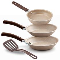 Kit Jogo de Frigideiras 3 Pçs Antiaderente Teflon 6 Camadas Desenhada Crema com Espátula