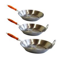 Kit Jogo de Frigideiras Aço Carbono 2mm Cabo Madeira Fritura Kit Jogo de Frigideiras Aço Carbono 2mm Cabo Madeira Fritura