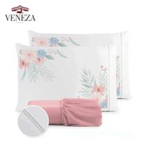 Kit Jogo de Lençol Casal Padrão Micropercal 400 Fios Ponto Palito Flor Rosê