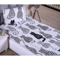 kit jogo de lençol solteiro com elástico 2 peças Estampas::Gato Preto e Branco