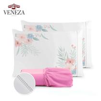 Kit Jogo de Lençol Solteiro Micropercal 400 Fios Ponto Palito Flor Rosê